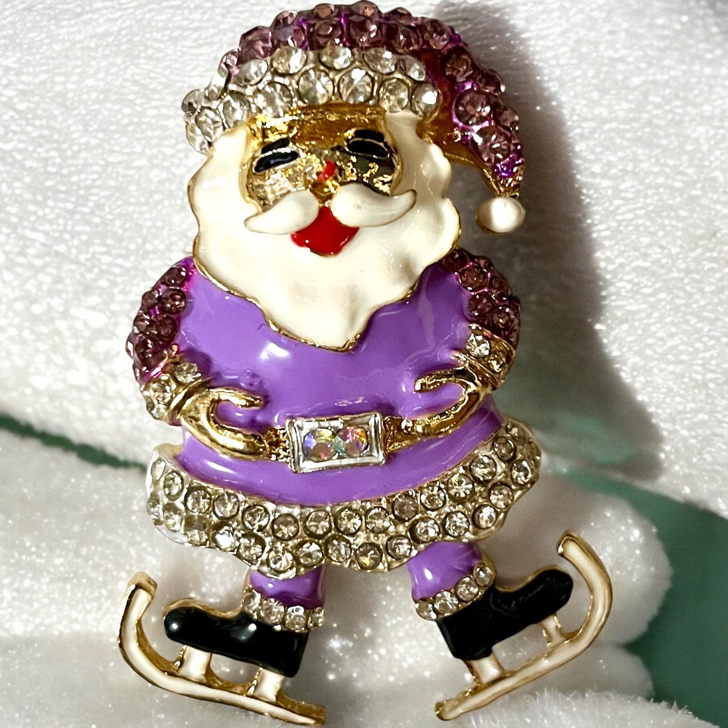Charming Santa & Skate Shoes Brooch Pin with Sparkling Faux Crystals for the Holiday Season