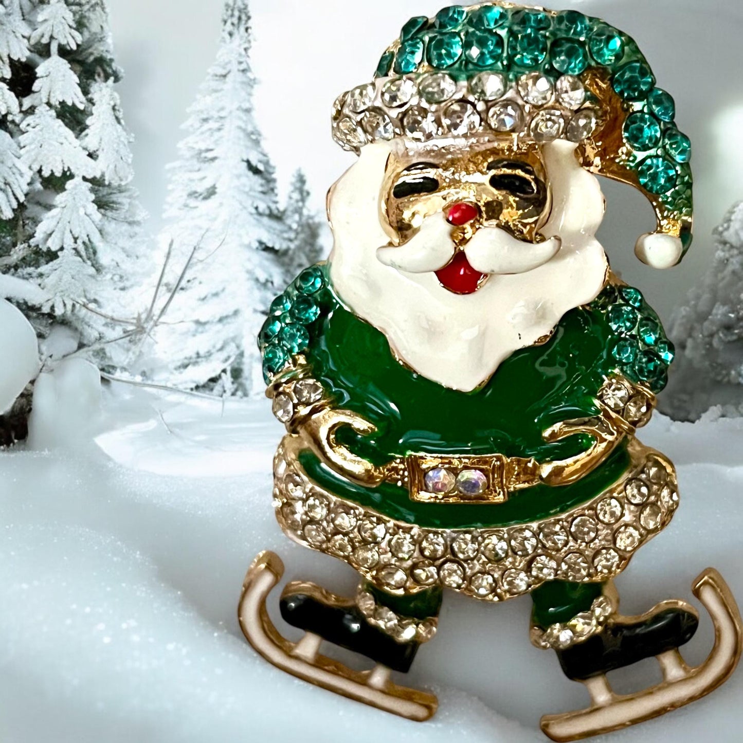 Charming Santa & Skate Shoes Brooch Pin with Sparkling Faux Crystals for the Holiday Season