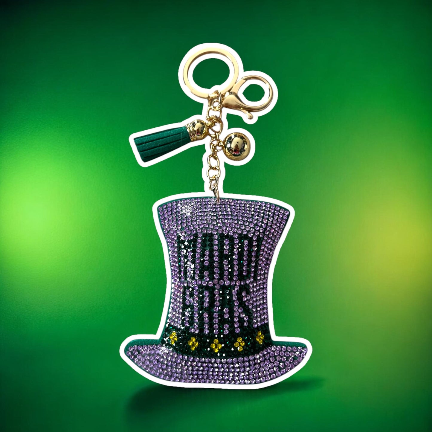 Mardi Gras Hat Rhinestone Keychain with Rhinestones and Green Tassel