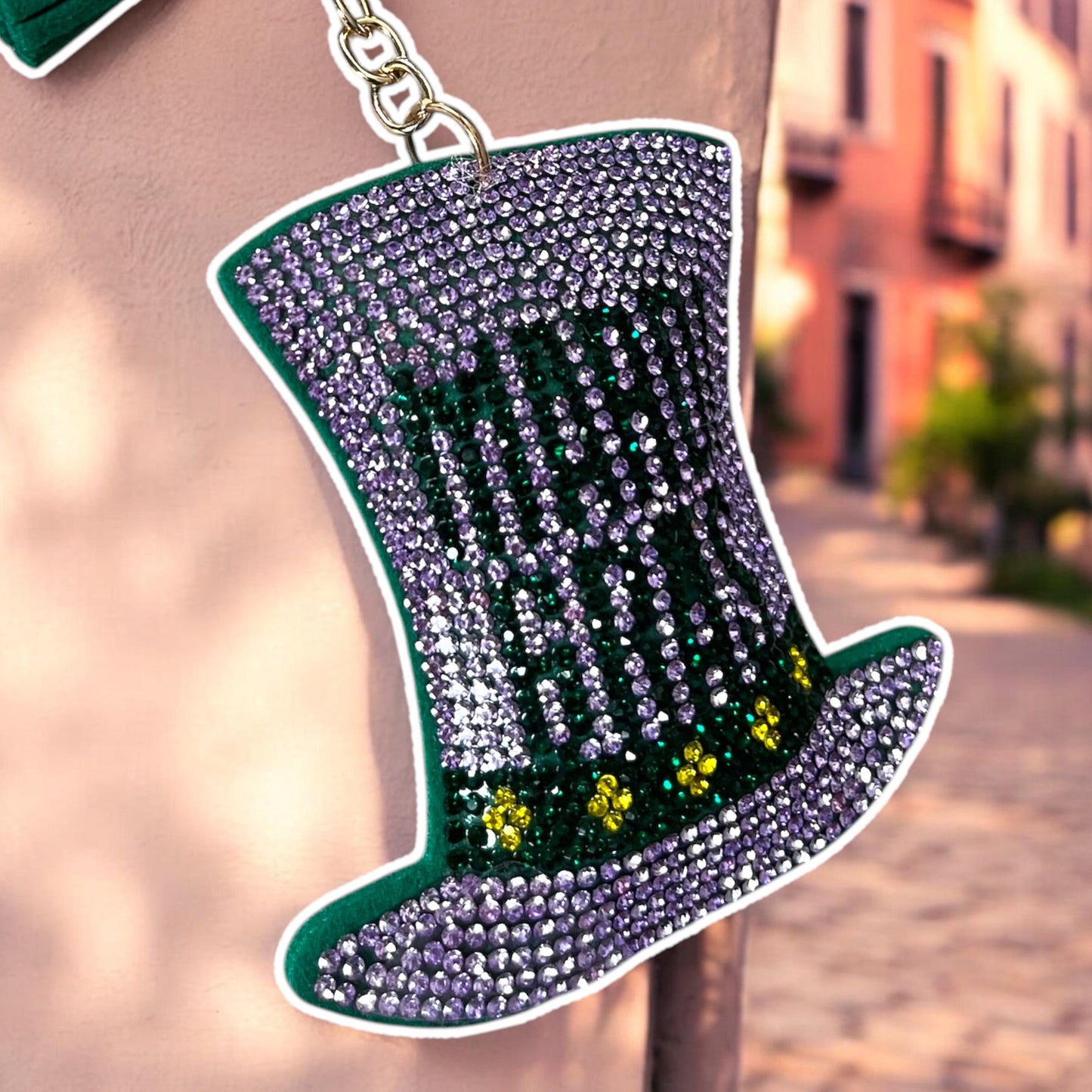 Mardi Gras Hat Rhinestone Keychain with Rhinestones and Green Tassel