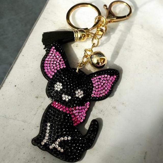 Cute Cartoon Chihuahua Keychain Rhinestone Key Chain. Choose Tan or Black.