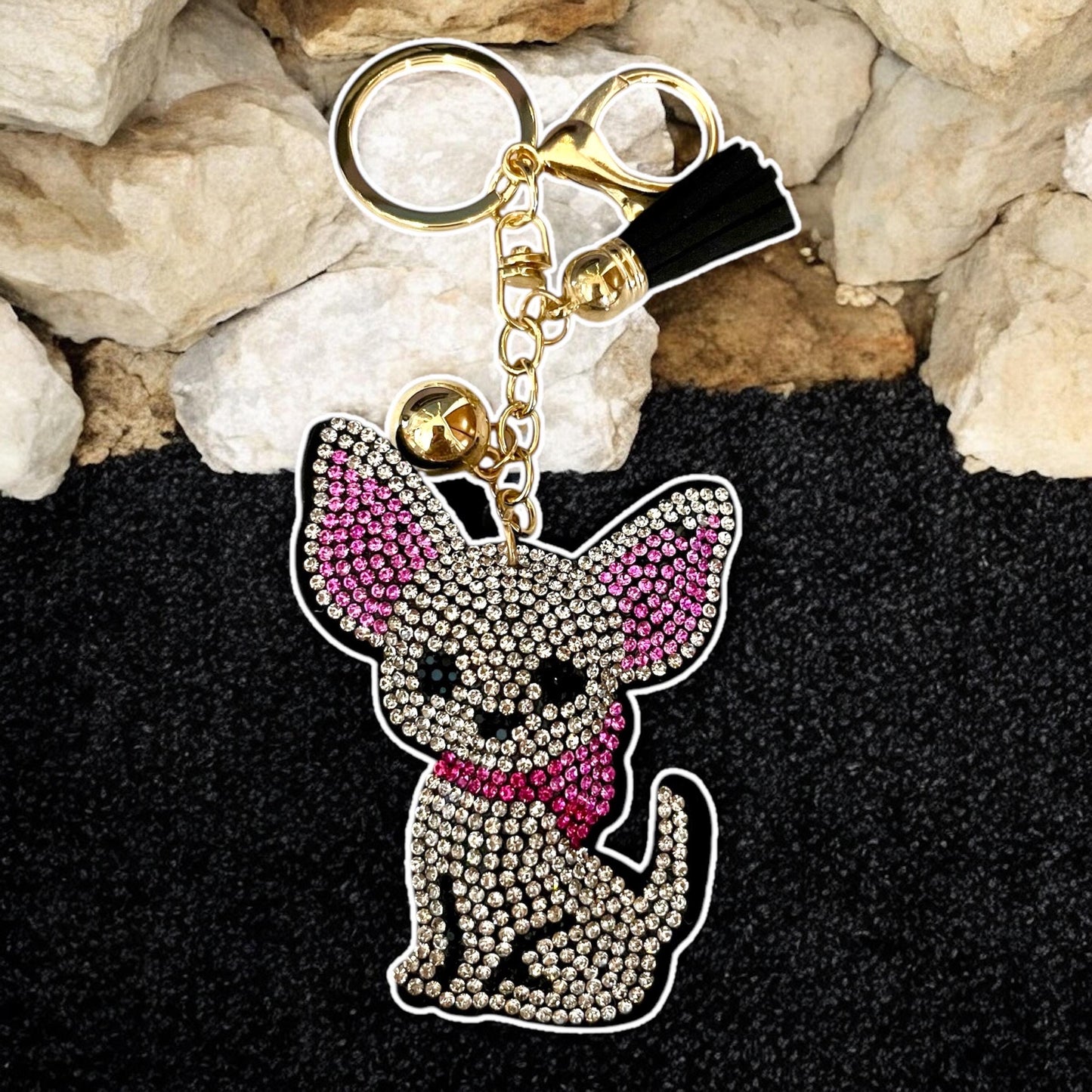Cute Cartoon Chihuahua Keychain Rhinestone Key Chain. Choose Tan or Black.