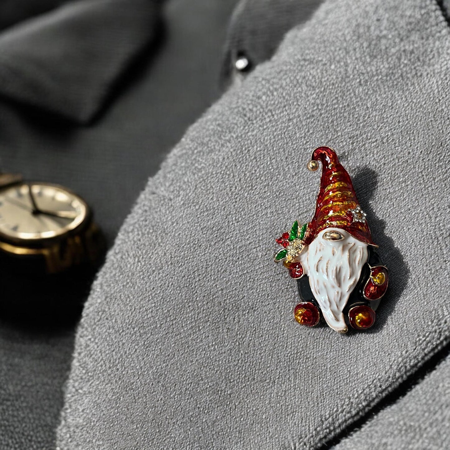 Sparkly Holiday Gnome Brooch - Whimsical Pin for Festive Attire