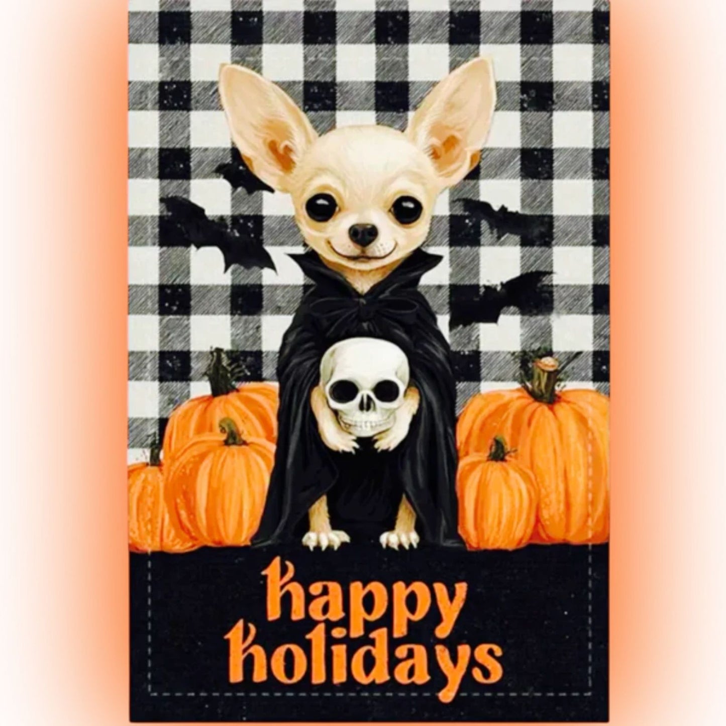 Halloween Chihuahua Garden Flag – “Happy Holidays” Plaid Pumpkin 12 x 18