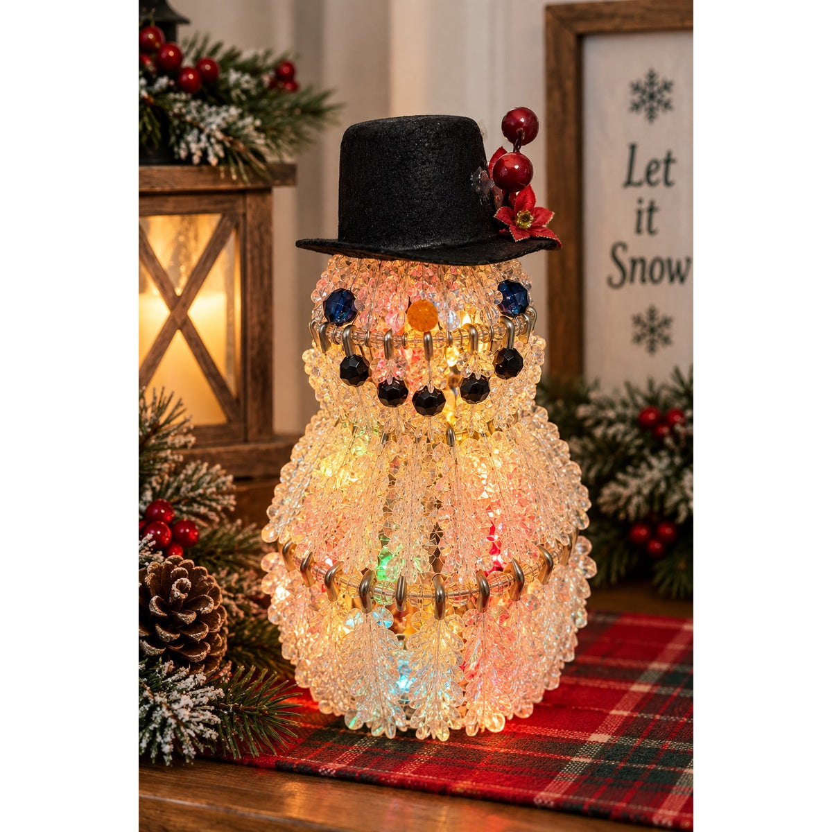 Vintage Style Lighted Beaded Snowman Christmas Decoration Black Top Hat 8 Inch