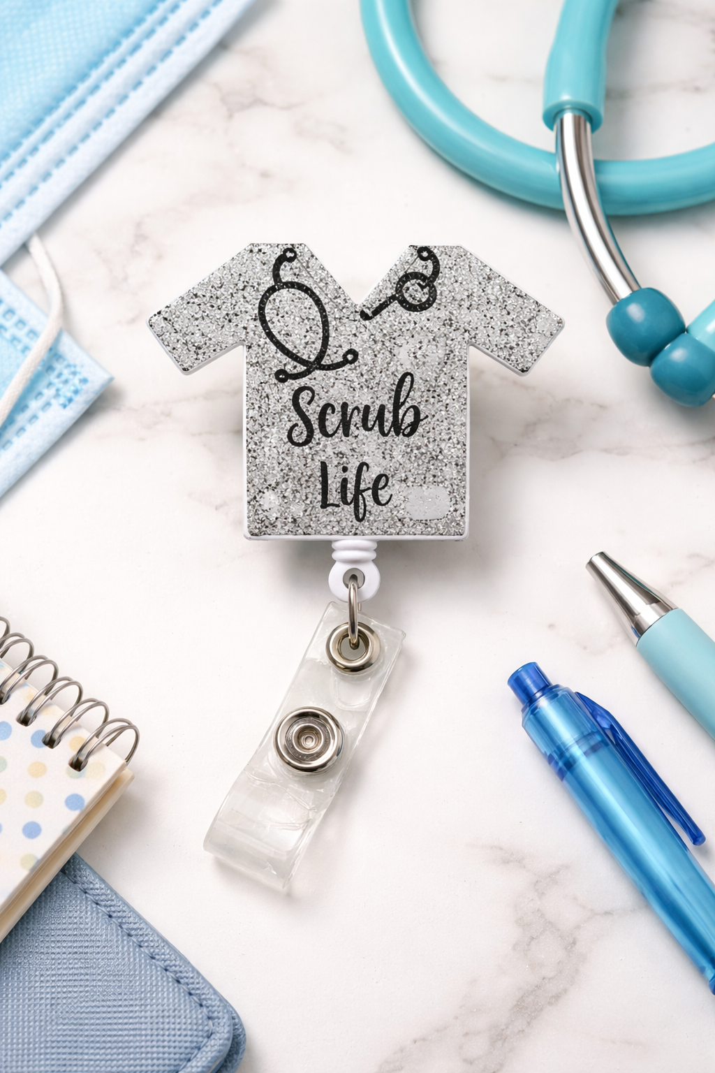 Scrub Life Badge Reel Silver Glitter Nurse Badge Holder Retractable ID Clip