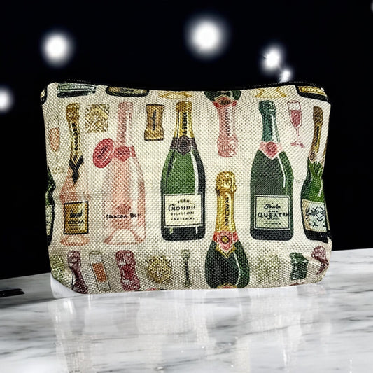 French Champagne Printed Cosmetic Pouch for New Years Eve - Versatile Clutch Makeup Bag