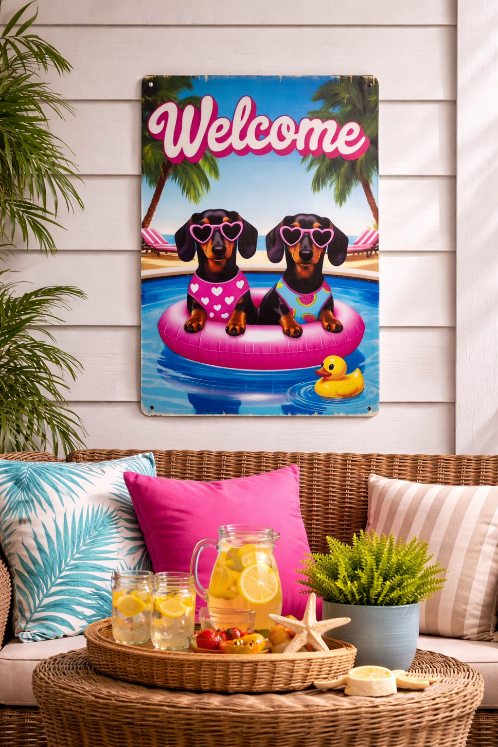 Dachshund Pool Party Welcome Sign – 12" x 8" Metal Wall Decor – Retro