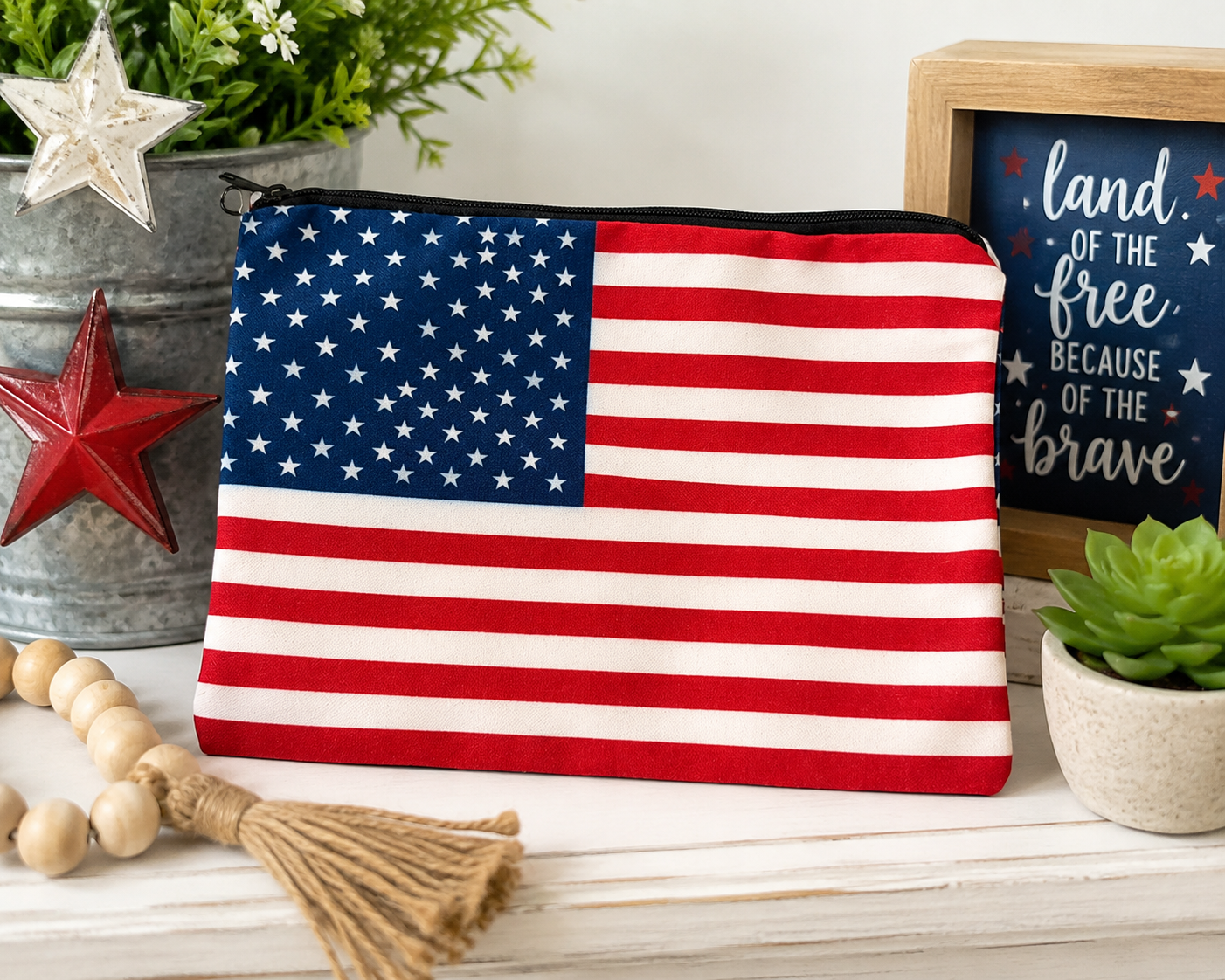 American Flag Zipper Pouch Cosmetic Bag Patriotic Travel Organizer 6.25 x 8.5