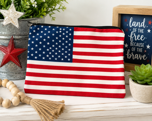 American Flag Zipper Pouch Cosmetic Bag Patriotic Travel Organizer 6.25 x 8.5