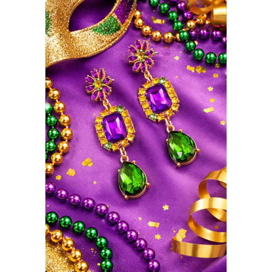 Statement Rhinestone Mardi Gras Dangle Earrings Purple Green Yellow Gold Tone