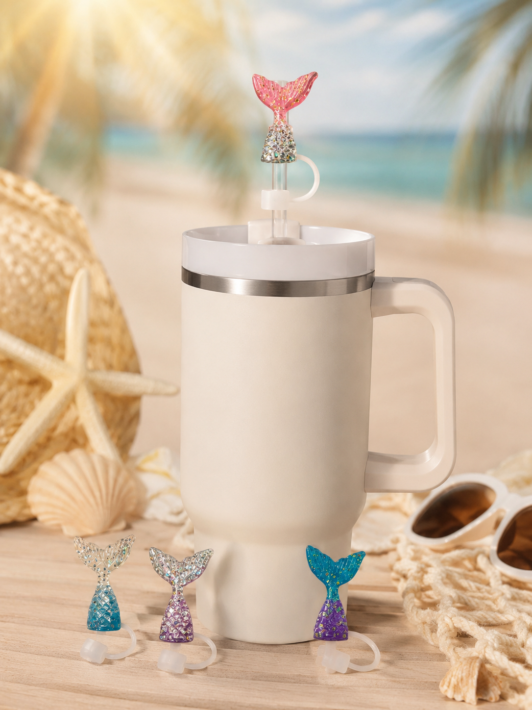 Mermaid Tail Straw Covers Set of 4 Glitter Silicone Straw Toppers for Tumblers Cups and Reusable Straws