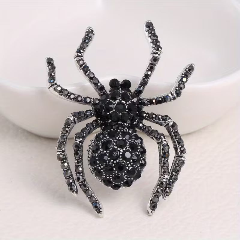 Black Rhinestone Spider Brooch Halloween Gothic Statement Pin 2 Inch
