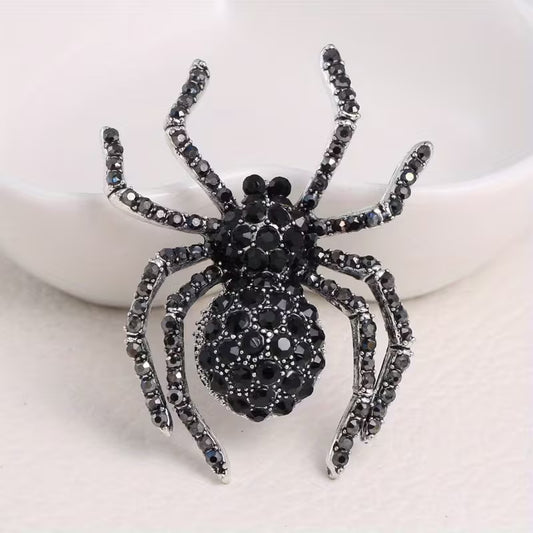 Black Rhinestone Spider Brooch Halloween Gothic Statement Pin 2 Inch