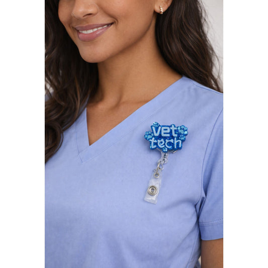 Blue Sparkly Vet Tech Badge Reel – Glitter Paw Print ID Holder Alligator Clip