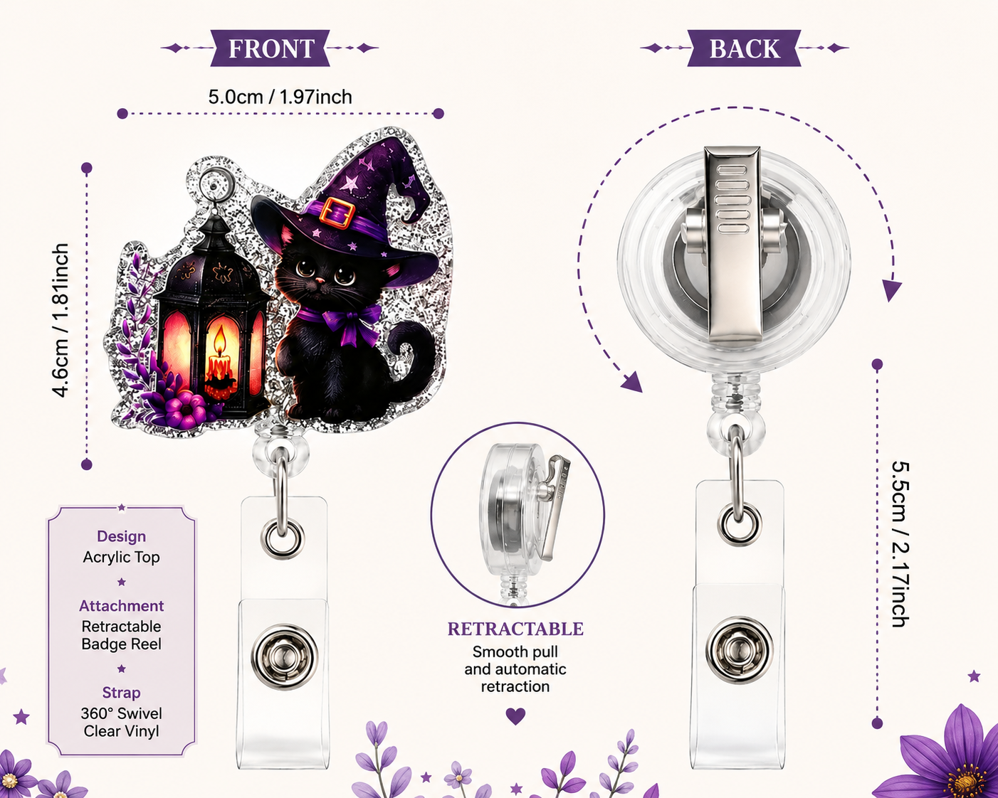 Halloween Black Cat Witch Badge Reel Retractable ID Holder Nurse Teacher Office 2.17"
