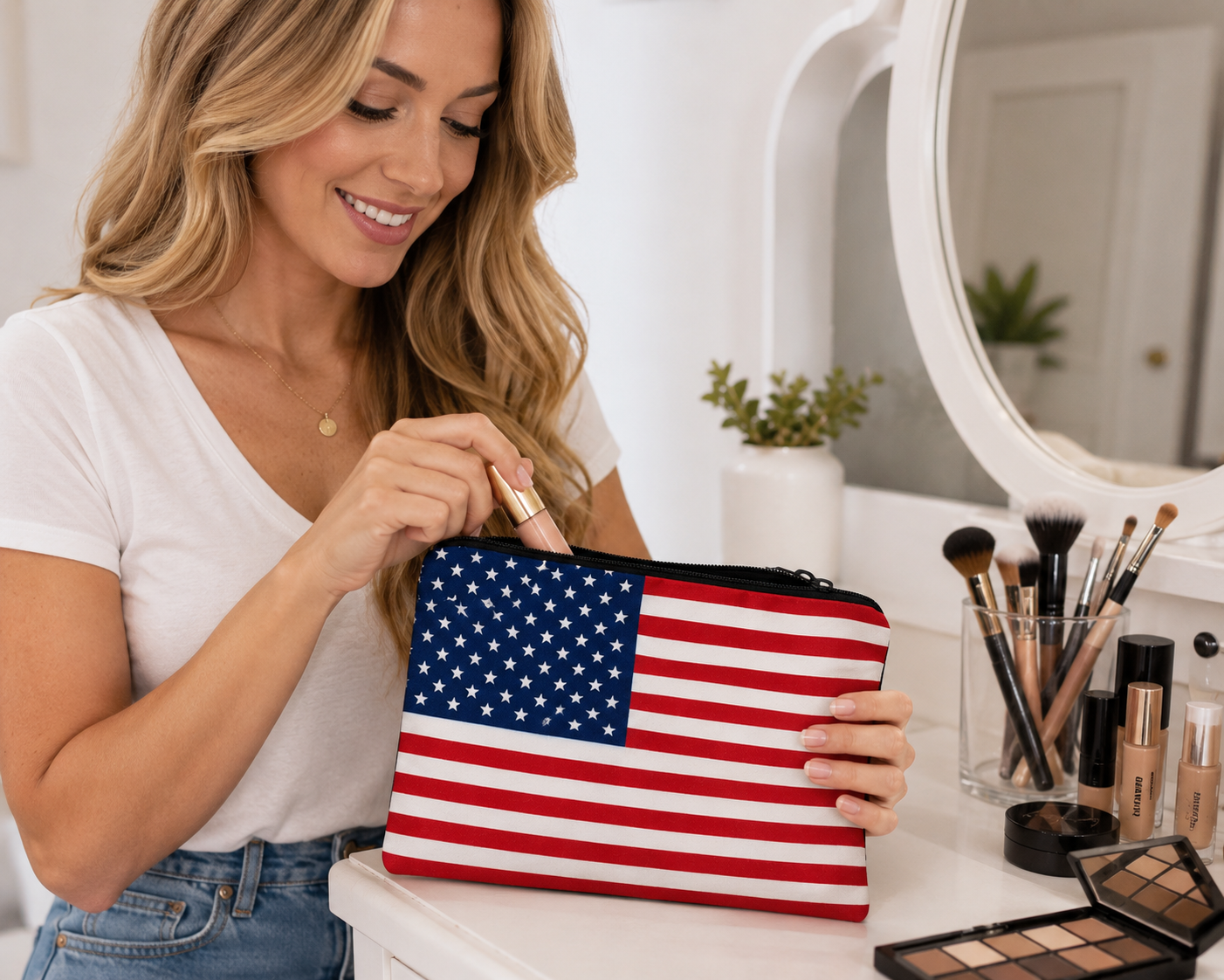 American Flag Zipper Pouch Cosmetic Bag Patriotic Travel Organizer 6.25 x 8.5