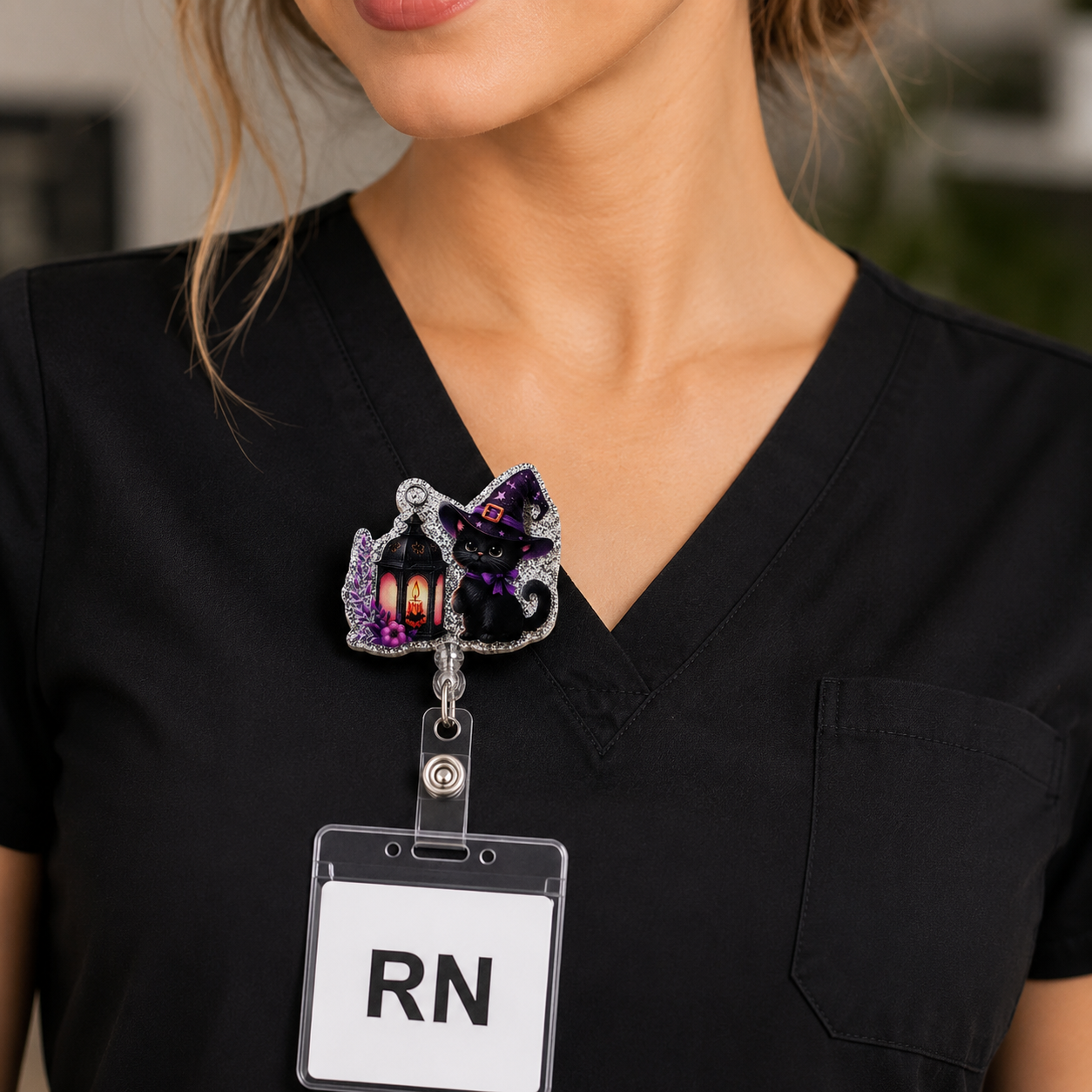 Halloween Black Cat Witch Badge Reel Retractable ID Holder Nurse Teacher Office 2.17"