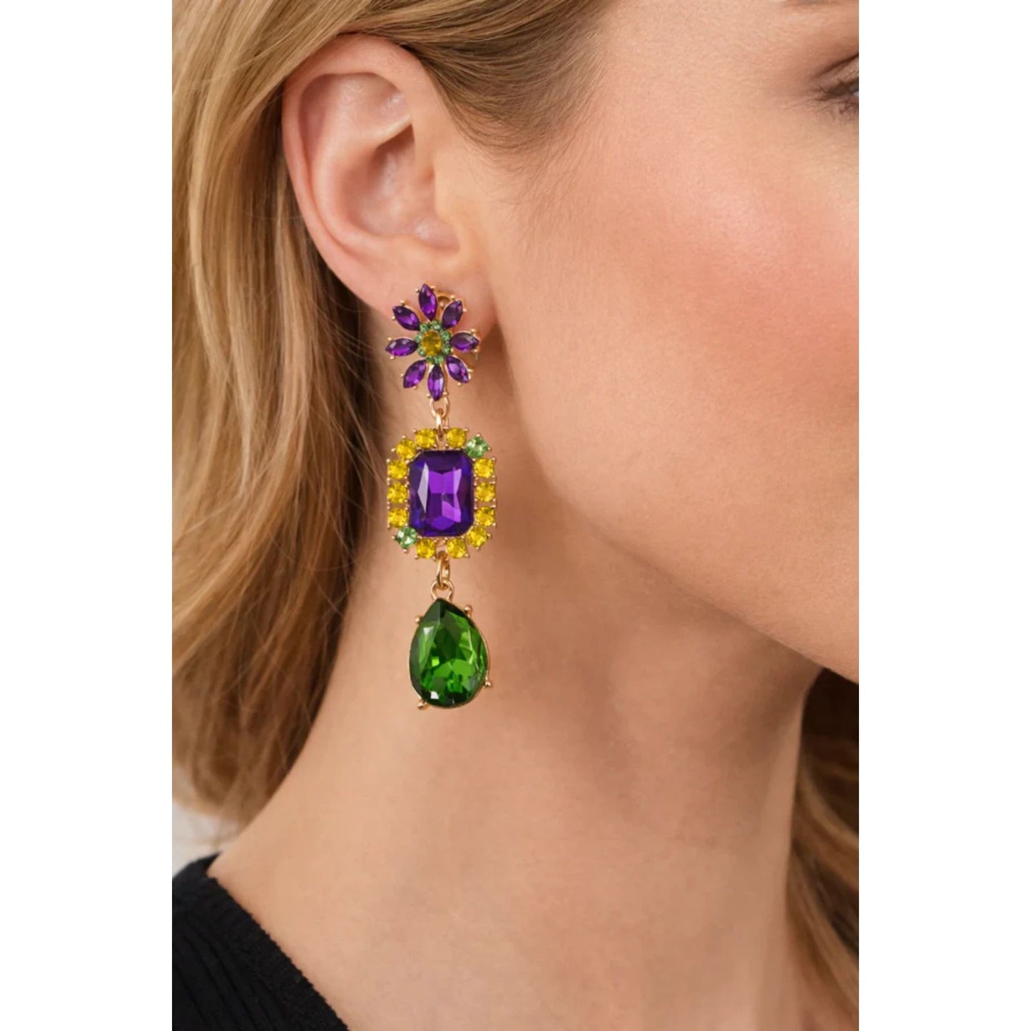 Statement Rhinestone Mardi Gras Dangle Earrings Purple Green Yellow Gold Tone