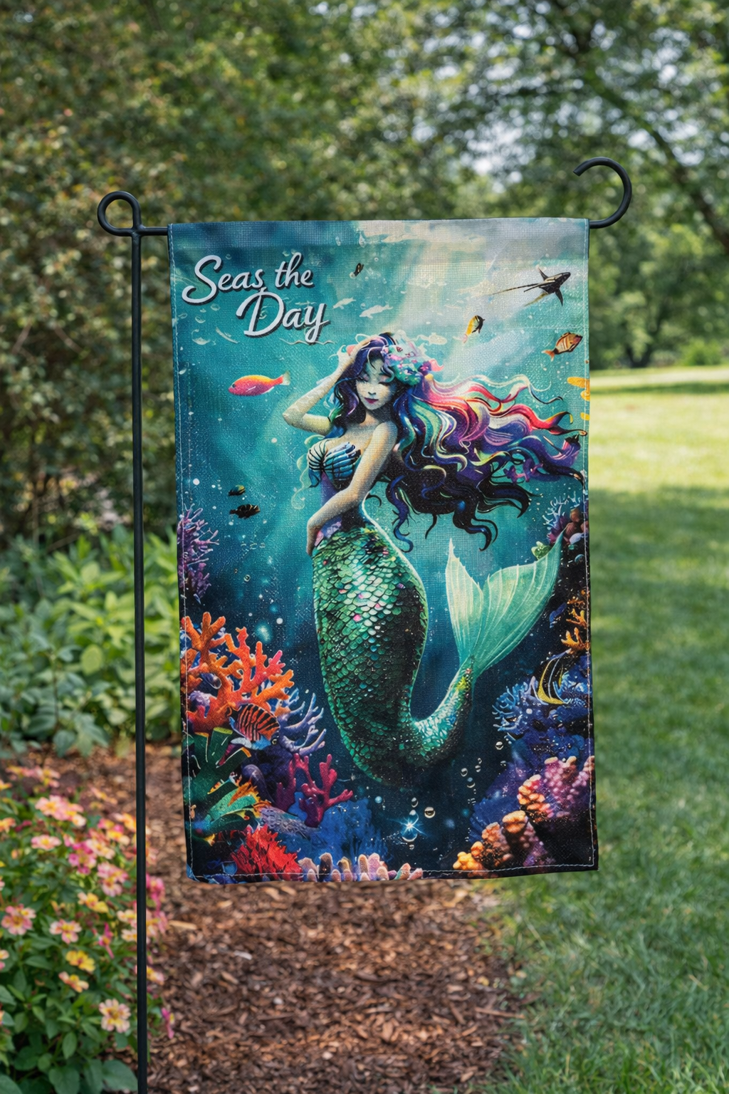 Seas the Day Mermaid Garden Flag – Vibrant Fantasy Décor 12X18