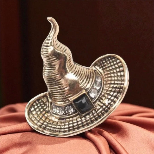 Vintage Style Witch Hat Brooch – Rhinestone Accents – Halloween Jewelry Pin