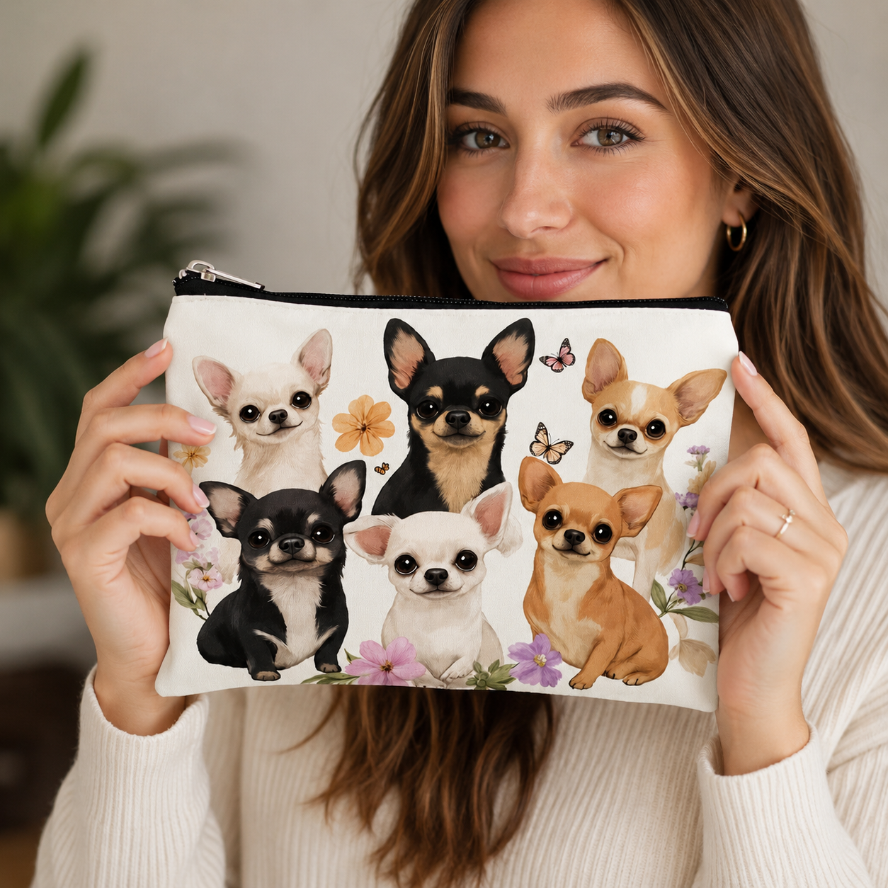 Chihuahua Dog Print Cosmetic Makeup Bag Zipper Pouch Travel Toiletry Organizer 8.7"