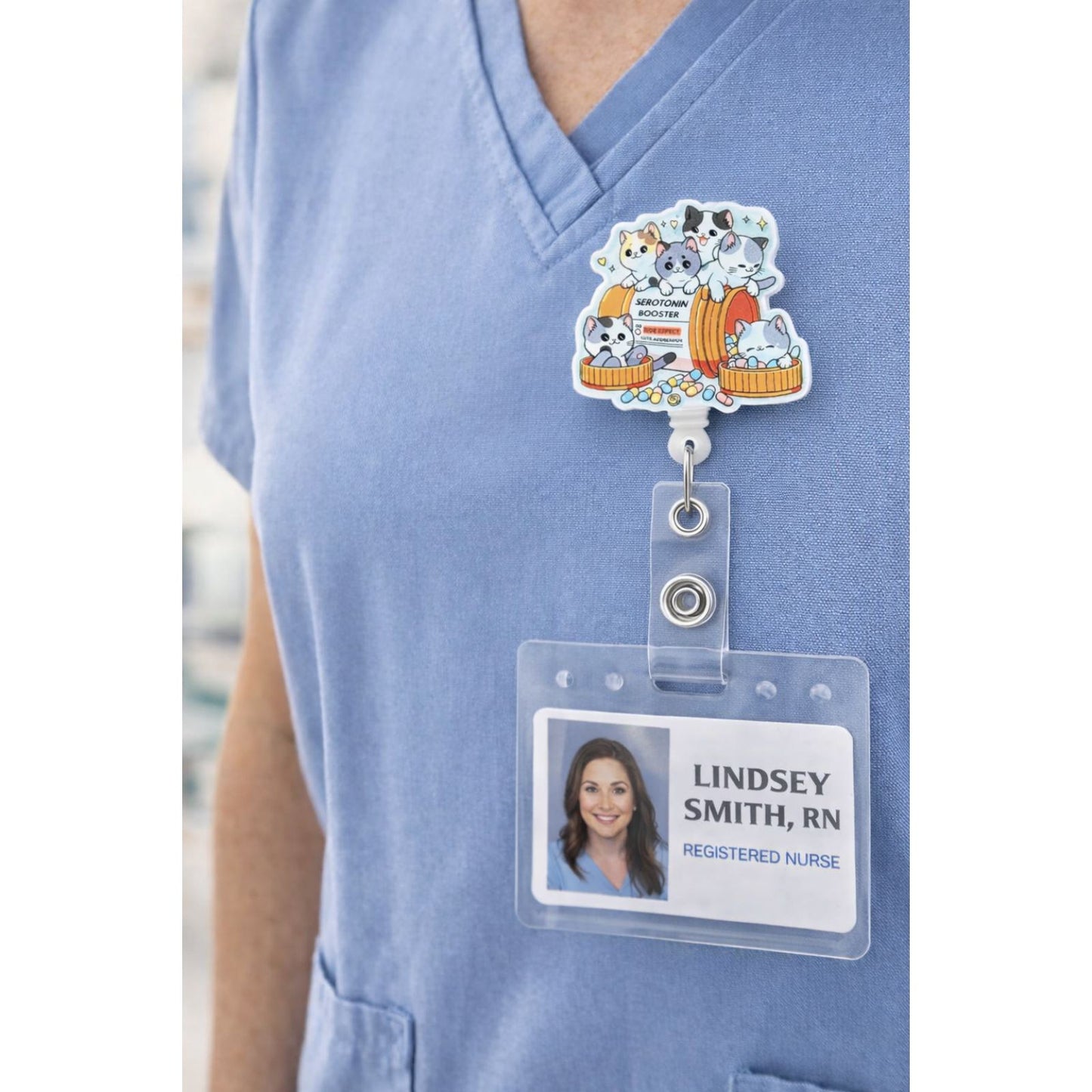 Cute Cat Serotonin Booster Badge Reel Nurse ID Holder Funny Mental Health Tag
