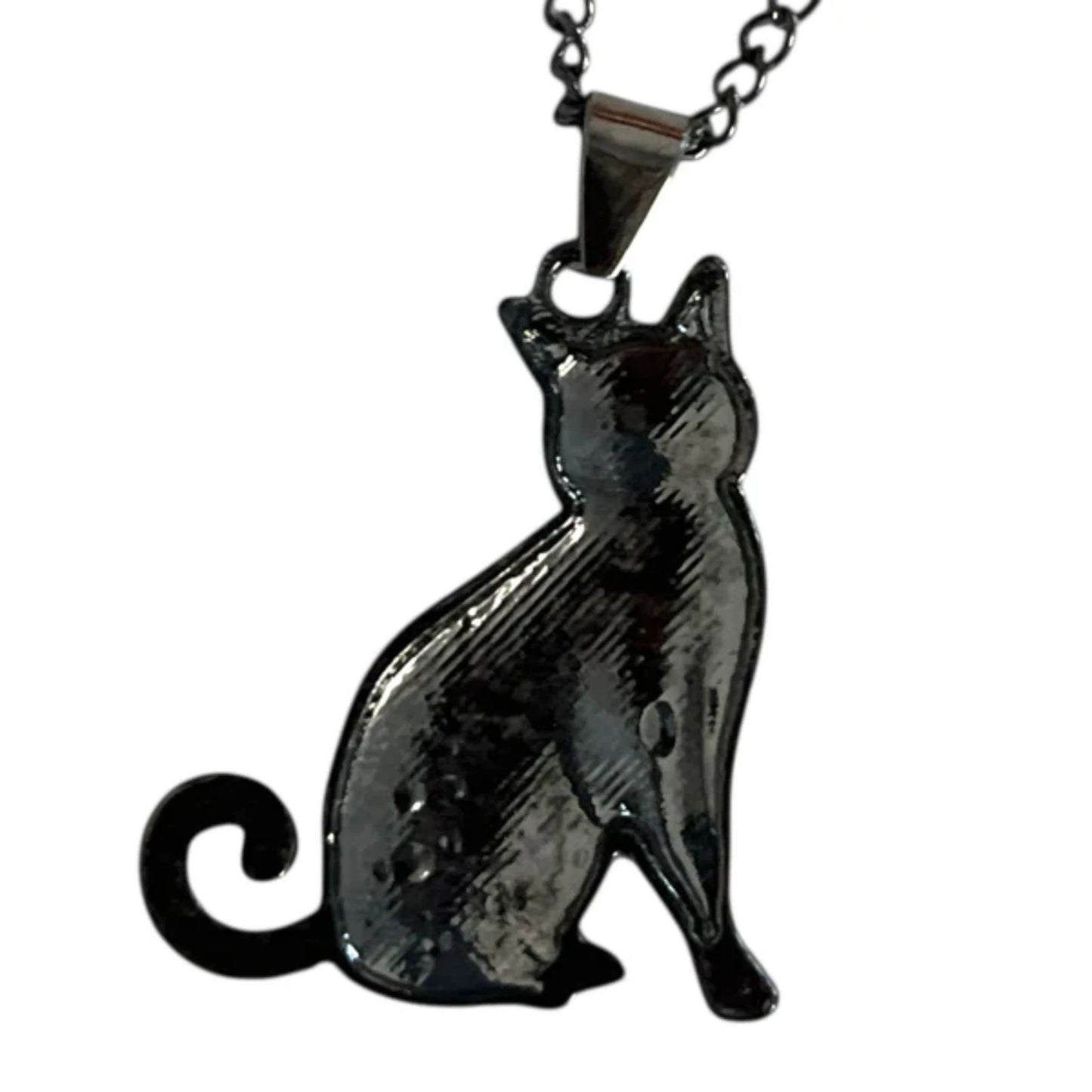 Black Cat Pendant Necklace – Rhinestone Accents – Gunmetal Chain