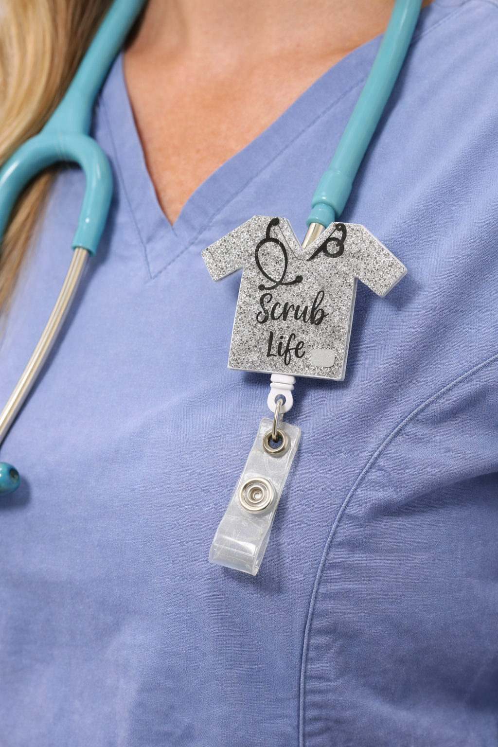 Scrub Life Badge Reel Silver Glitter Nurse Badge Holder Retractable ID Clip