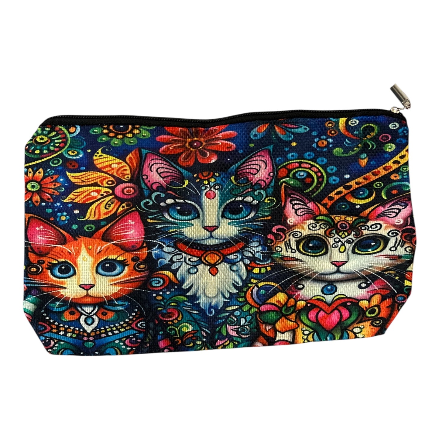 Trio of Cute Cats Cosmetic Bag – 7” x 10.5” – Floral Zipper Pouch for Makeup, Travel & More!