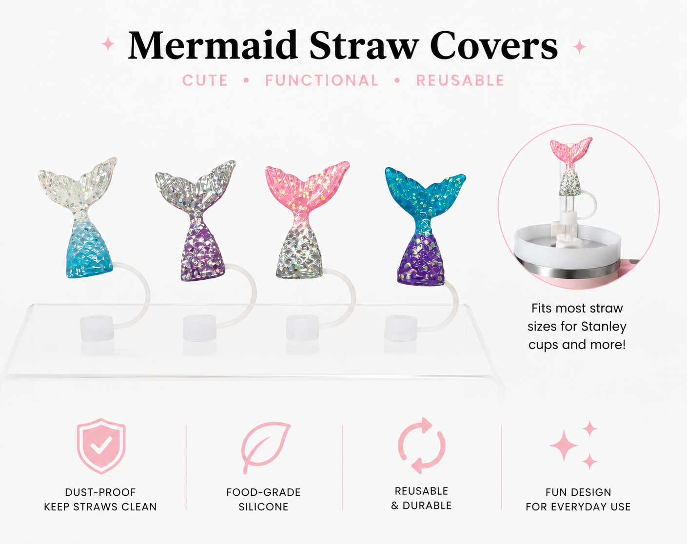 Mermaid Tail Straw Covers Set of 4 Glitter Silicone Straw Toppers for Tumblers Cups and Reusable Straws