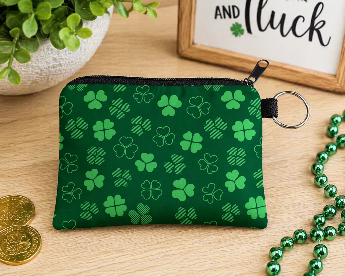 Shamrock Coin Pouch Green Clover Zipper Wallet Keychain St Patrick’s Day