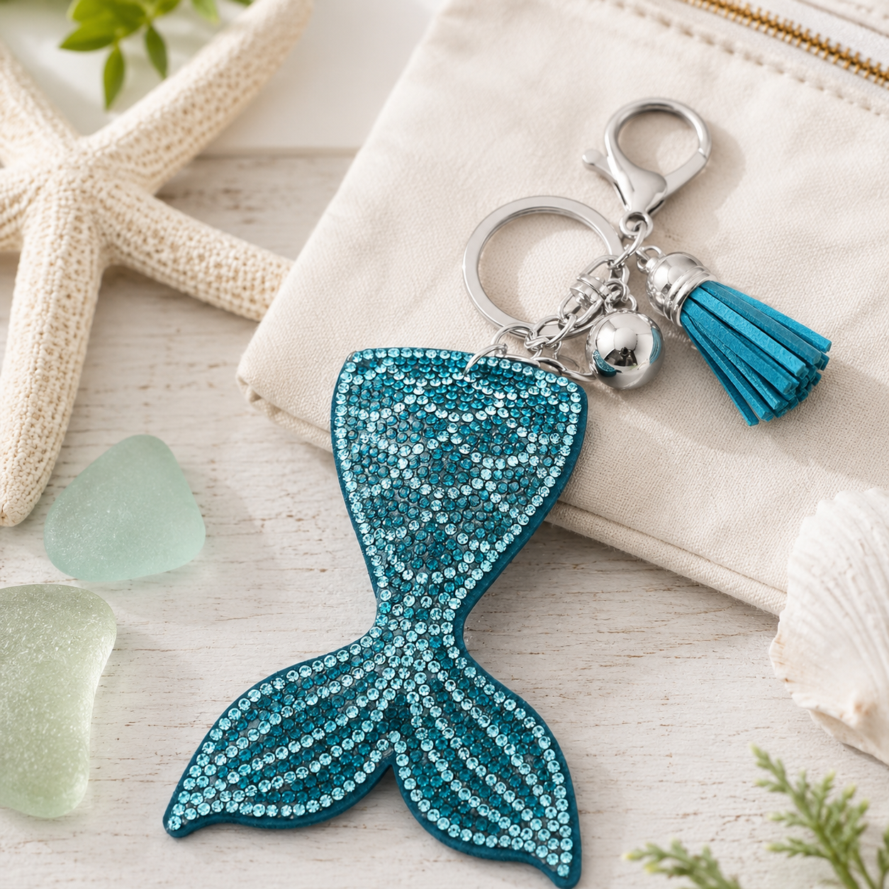 Mermaid Tail Rhinestone Tassel Keychain Purse Charm Aqua Blue Crystal Bag Accessory