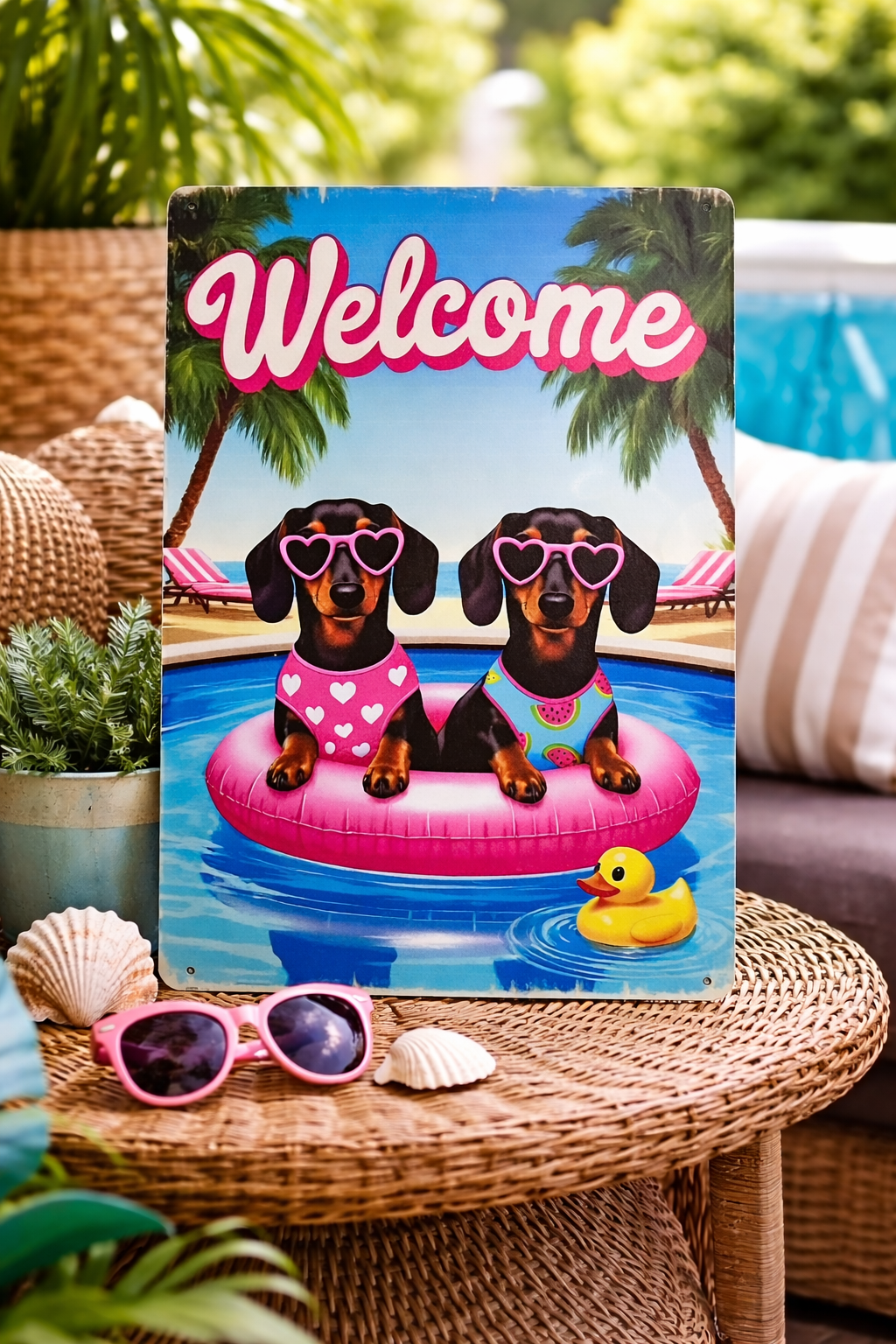 Dachshund Pool Party Welcome Sign – 12" x 8" Metal Wall Decor – Retro