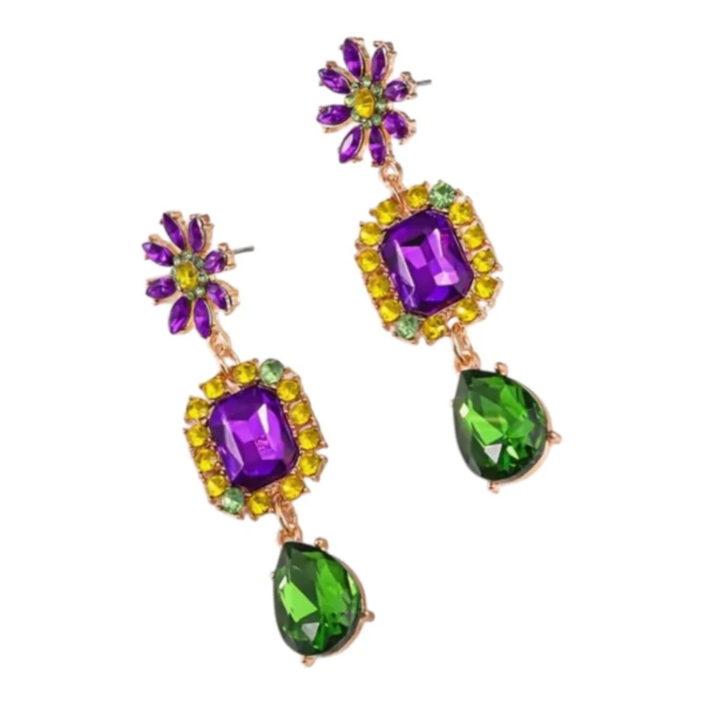 Statement Rhinestone Mardi Gras Dangle Earrings Purple Green Yellow Gold Tone
