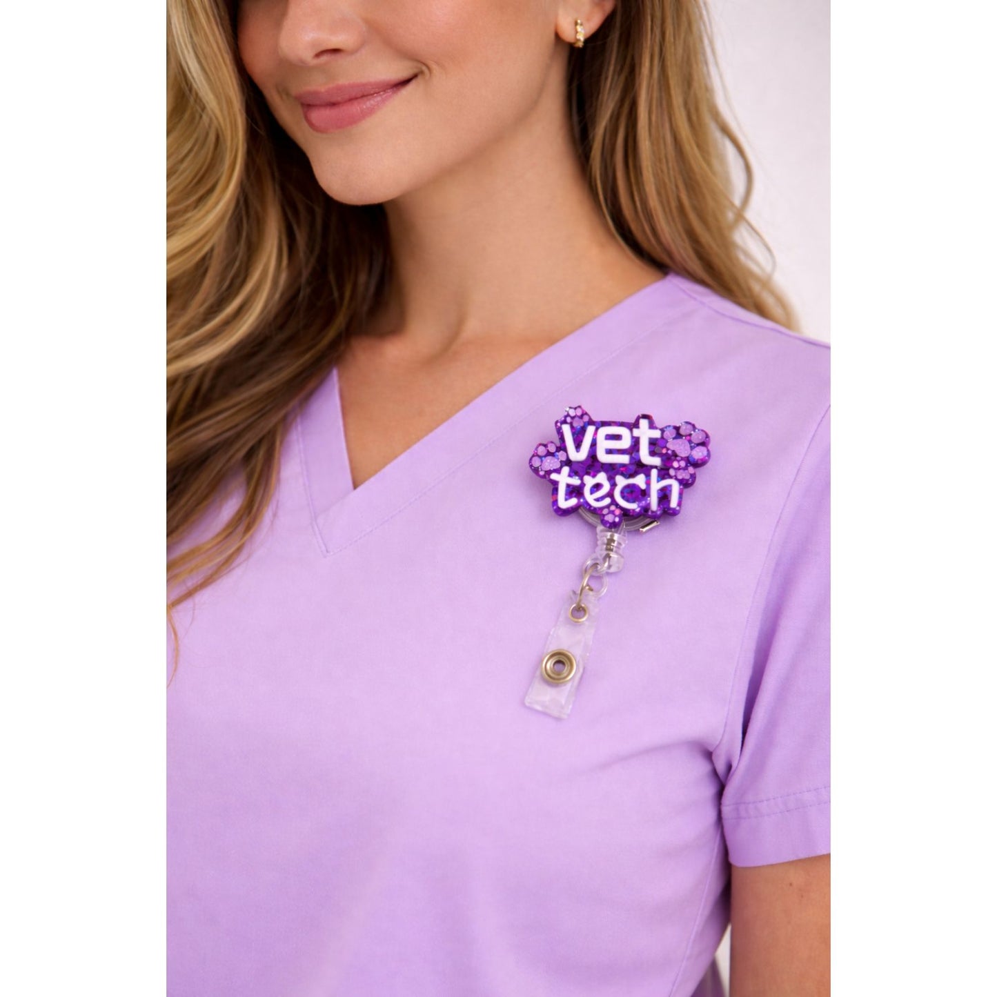 Purple Sparkly Vet Tech Badge Reel – Glitter Paw Print ID Holder Alligator Clip