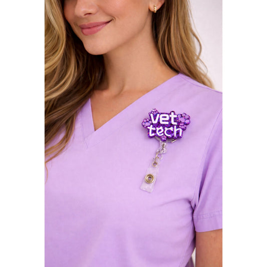 Purple Sparkly Vet Tech Badge Reel – Glitter Paw Print ID Holder Alligator Clip