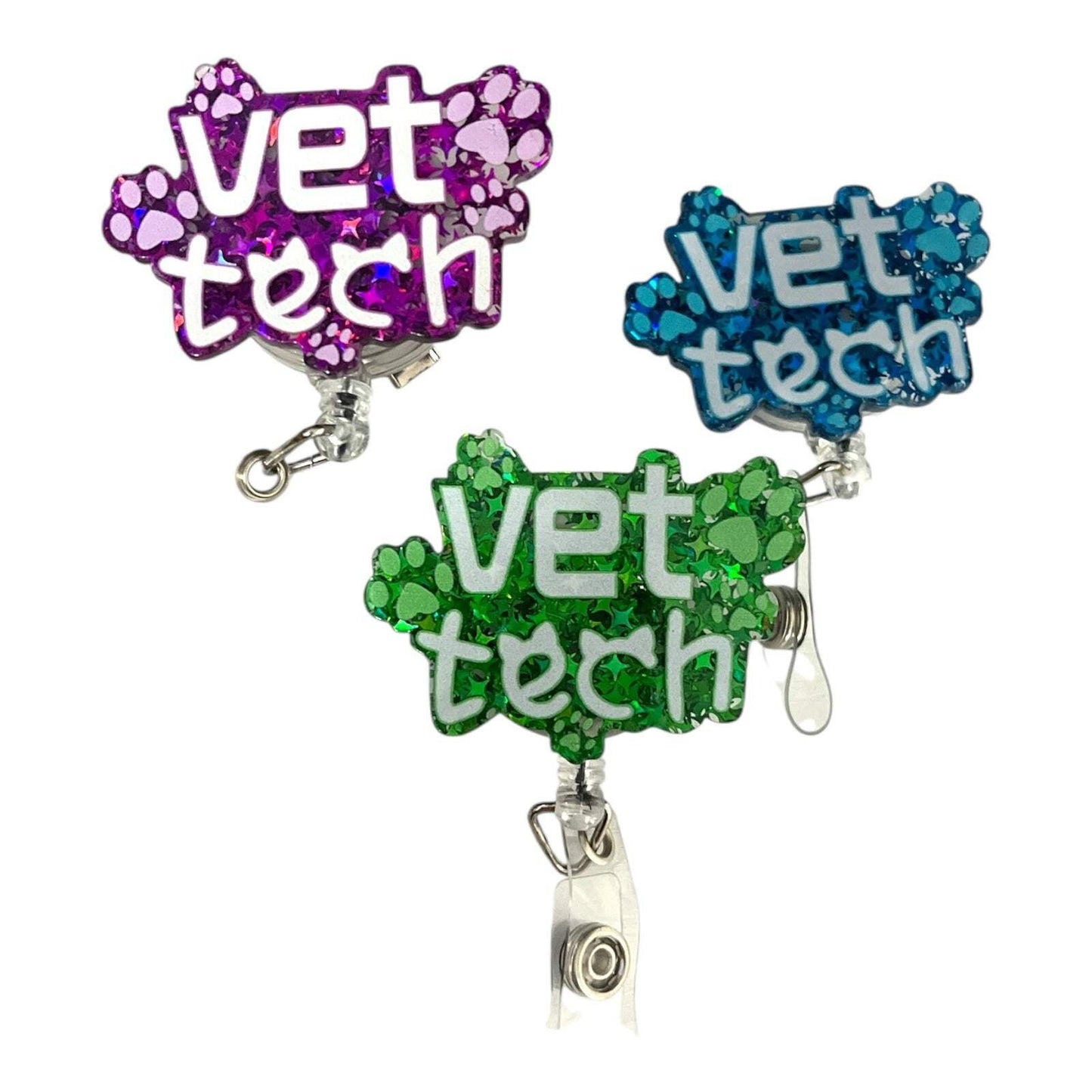 Blue Sparkly Vet Tech Badge Reel – Glitter Paw Print ID Holder Alligator Clip