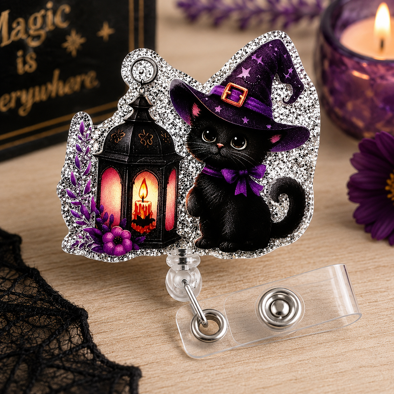Halloween Black Cat Witch Badge Reel Retractable ID Holder Nurse Teacher Office 2.17"