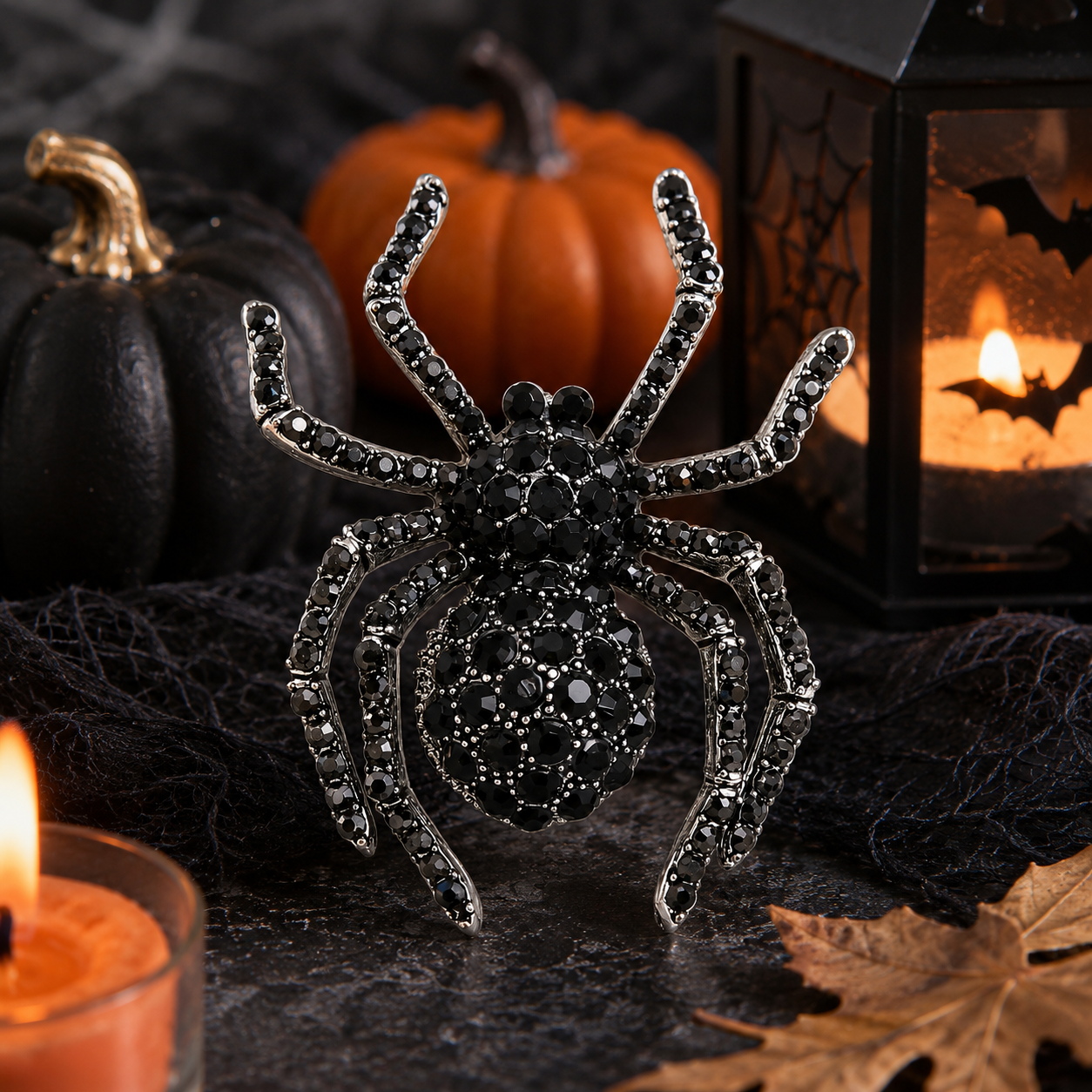 Black Rhinestone Spider Brooch Halloween Gothic Statement Pin 2 Inch