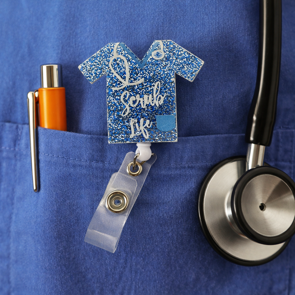 Scrub Life Badge Reel Light Blue Glitter Nurse Badge Holder Retractable ID Clip