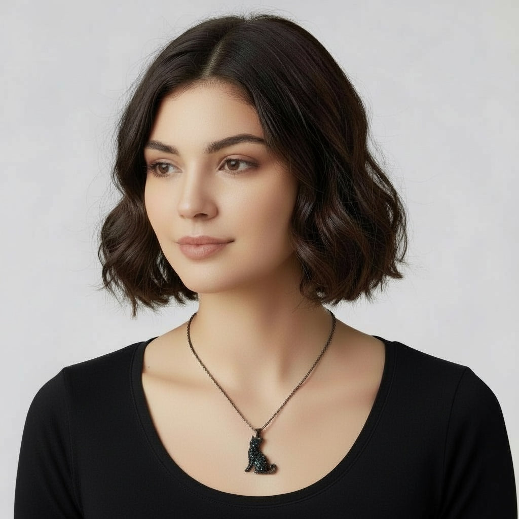 Black Cat Pendant Necklace – Rhinestone Accents – Gunmetal Chain