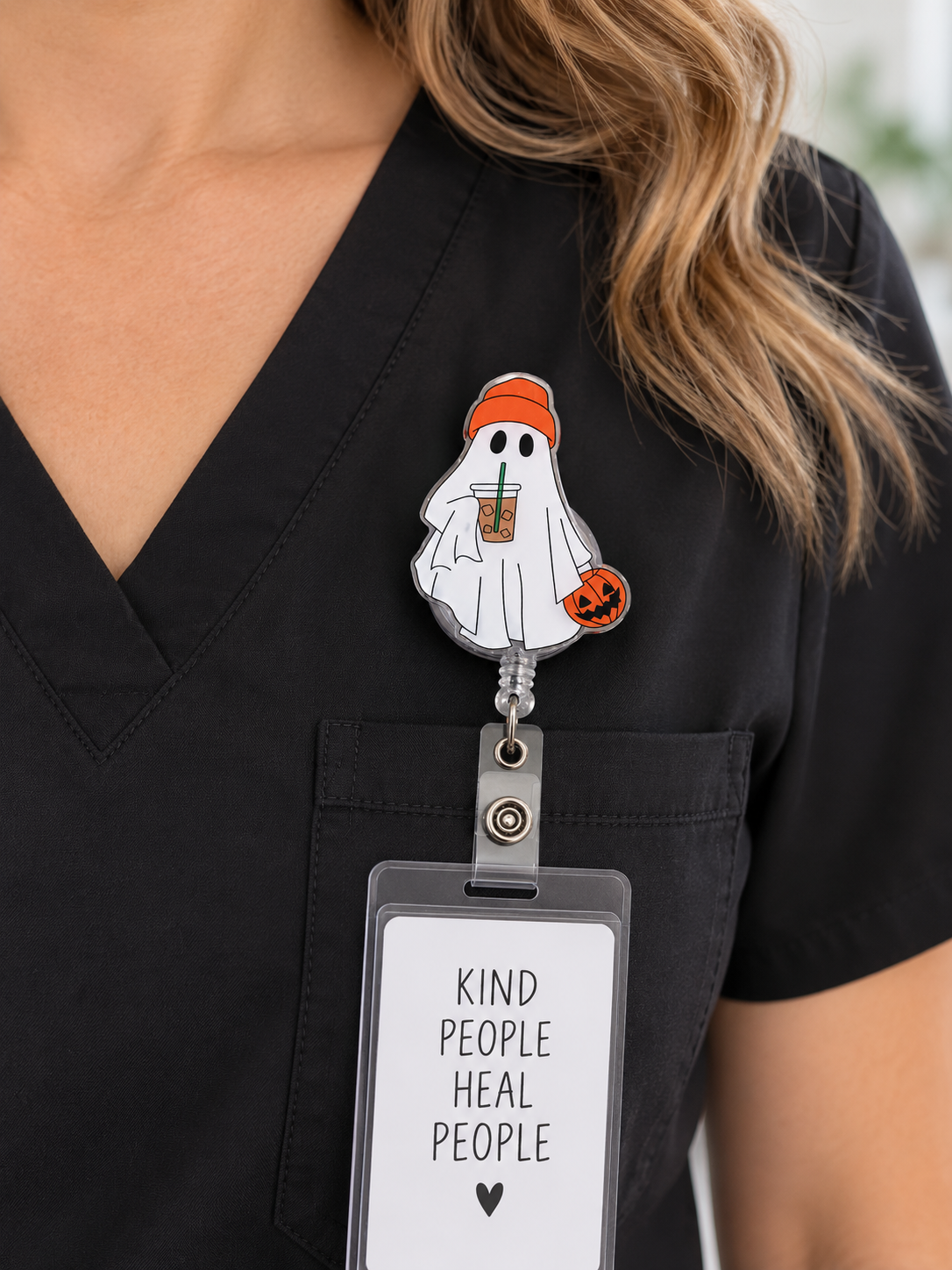 Halloween Ghost Coffee Badge Reel Retractable ID Holder Pumpkin 4"