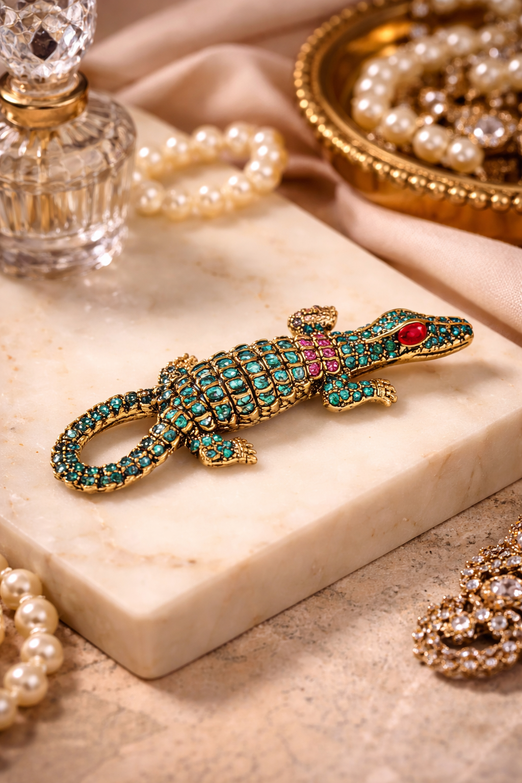 Alligator Crocodile Rhinestone Brooch Gold Tone Teal Crystal Reptile Pin Statement Jewelry