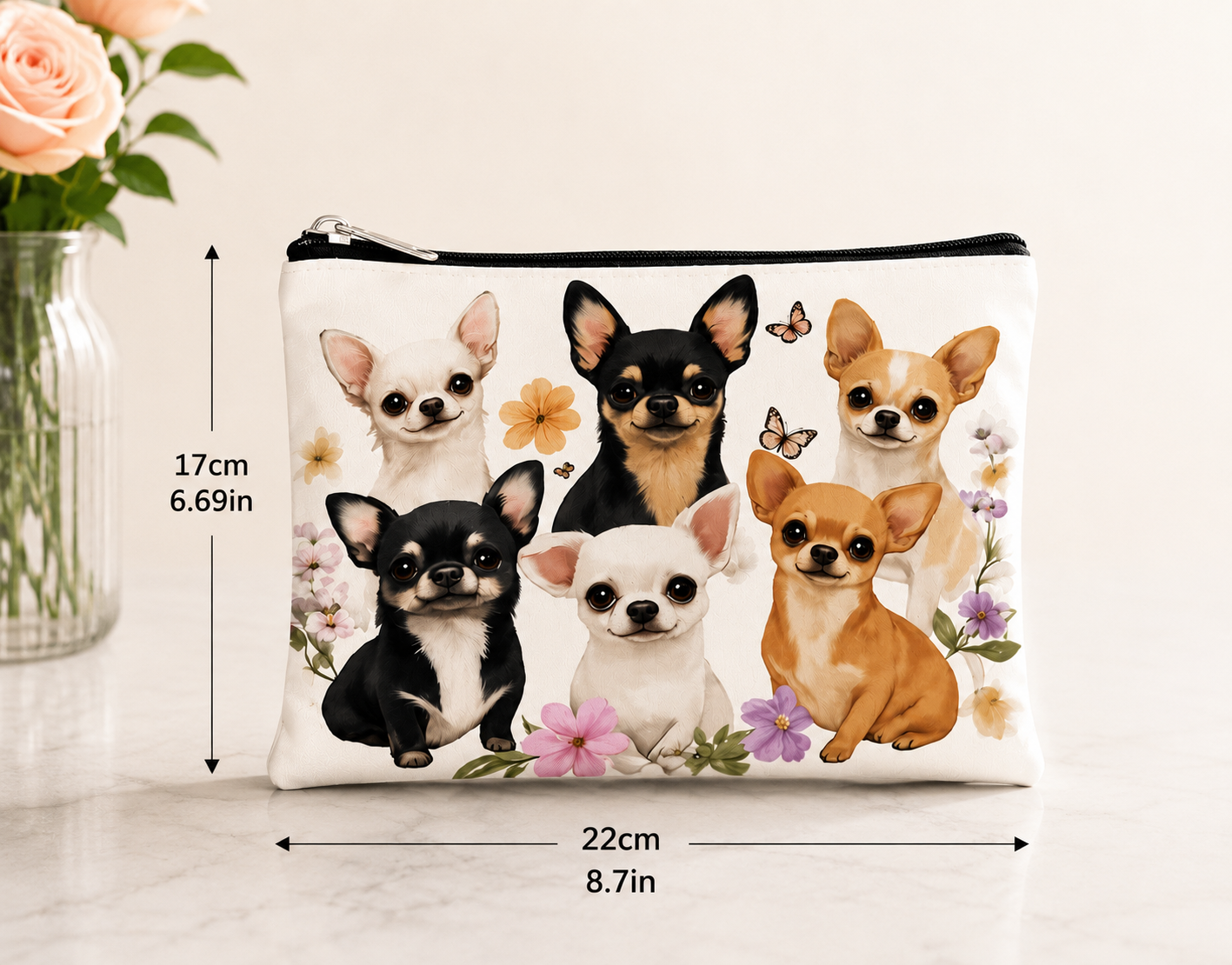 Chihuahua Dog Print Cosmetic Makeup Bag Zipper Pouch Travel Toiletry Organizer 8.7"