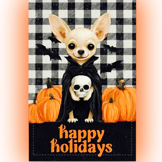 Halloween Chihuahua Garden Flag – “Happy Holidays” Plaid Pumpkin Outdoor Décor, 18” Double-Sided Seasonal Yard Flag
