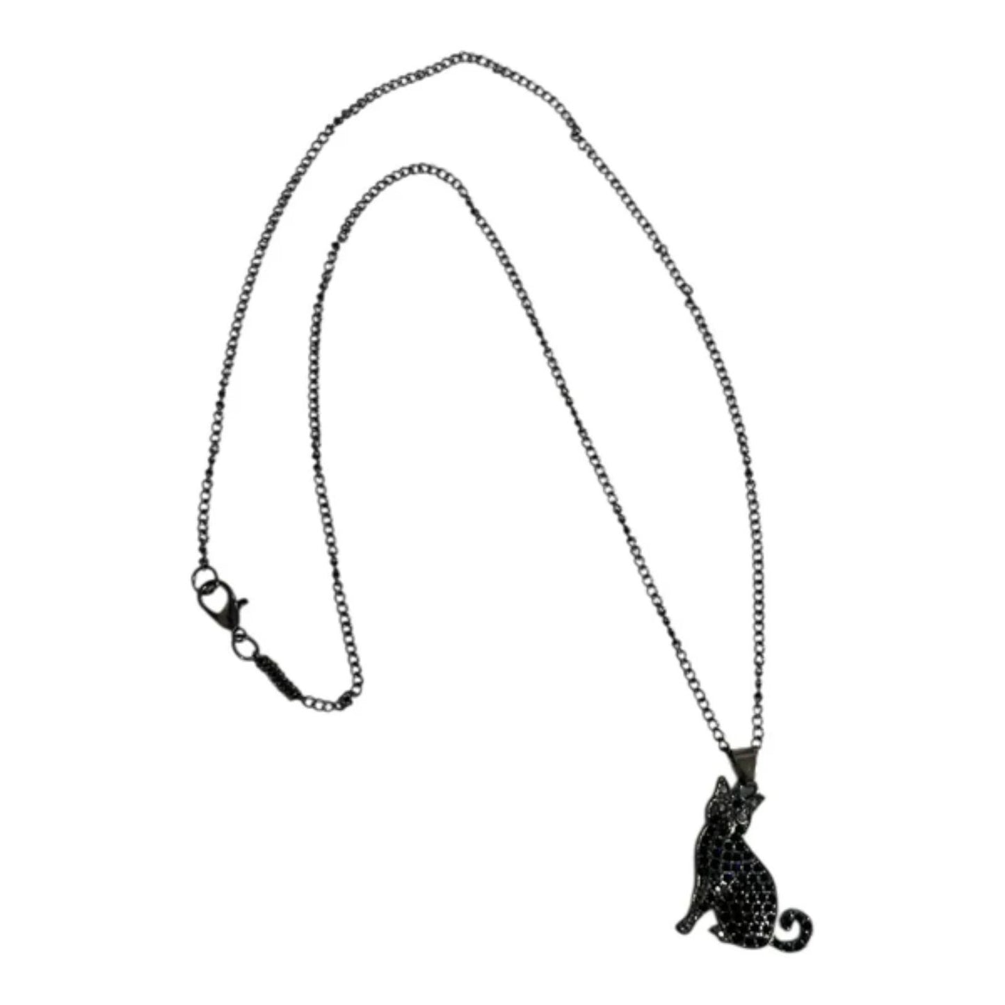 Black Cat Pendant Necklace – Rhinestone Accents – Gunmetal Chain