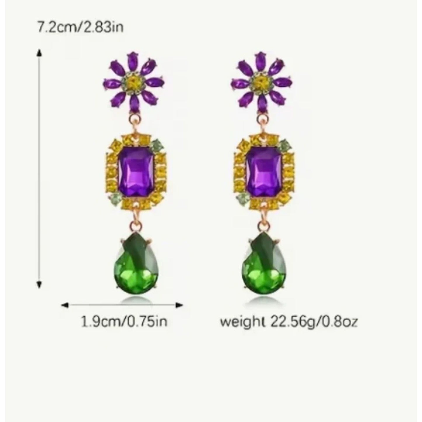Statement Rhinestone Mardi Gras Dangle Earrings Purple Green Yellow Gold Tone