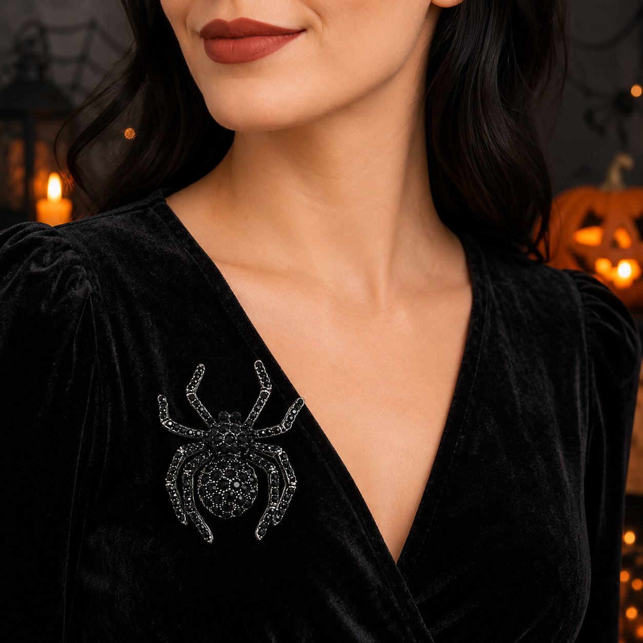 Black Rhinestone Spider Brooch Halloween Gothic Statement Pin 2 Inch