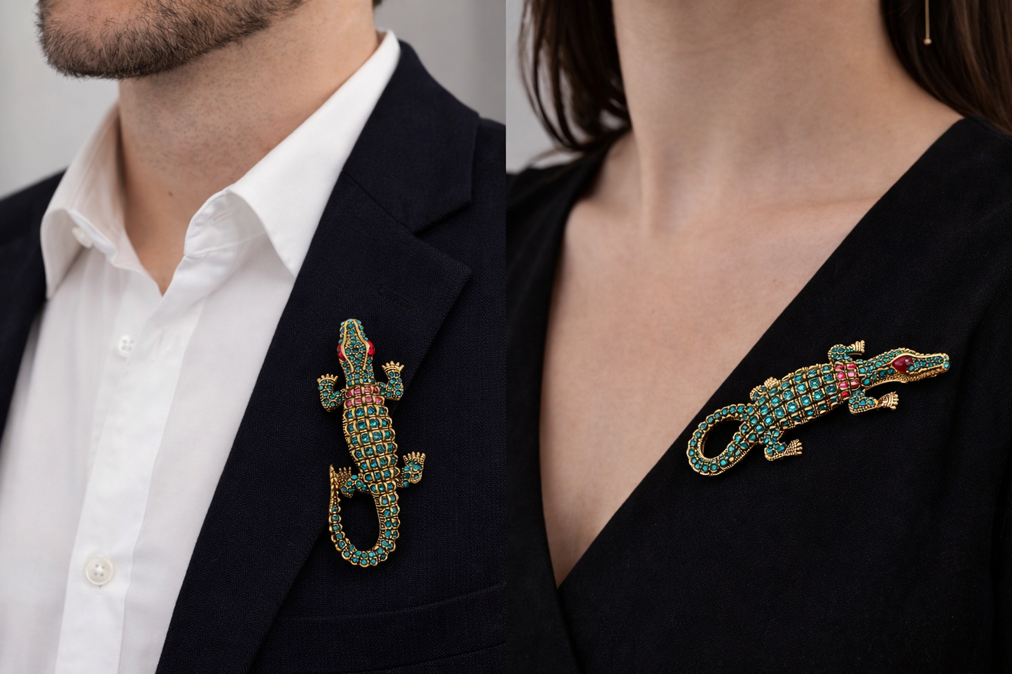 Alligator Crocodile Rhinestone Brooch Gold Tone Teal Crystal Reptile Pin Statement Jewelry